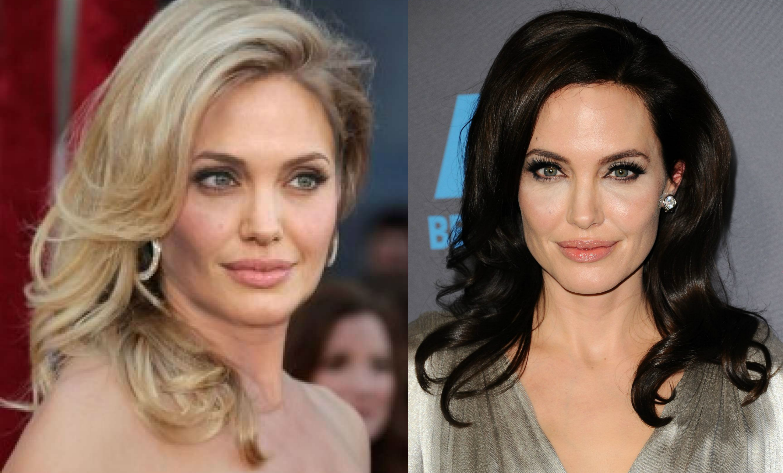 Брюнетка после. Анджелина Джоли блондинка или брюнетка. Анджелина Джоли окрашивание. Анджелина Джоли блондинка и брюнетка. Анджелина Джоли цвет волос.